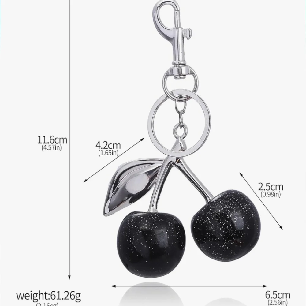 Glitter Cherries Large Black Silver Bag Charm Keychain Ring Pendant - Picture 5 of 6